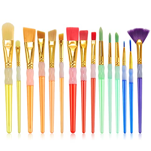 15Pcs Paint Brushes Value Pack | 15 Different Types of Brushes, Nylon Colorful Hair, Silicone Crystal Penholder, Oil, Acrylic and Watercolor Painting