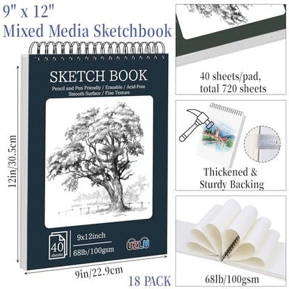 18 Pack Sketch Books Bulk 9x12 Inch Large Top Spiral Bound Sketch Pads 720 Total Sheets 6-Color Sketchbook 68lb/100gsm Acid-Free Drawing Paper for Students Beginners Artists Classroom Art Supplies - size: 9 x 12 in