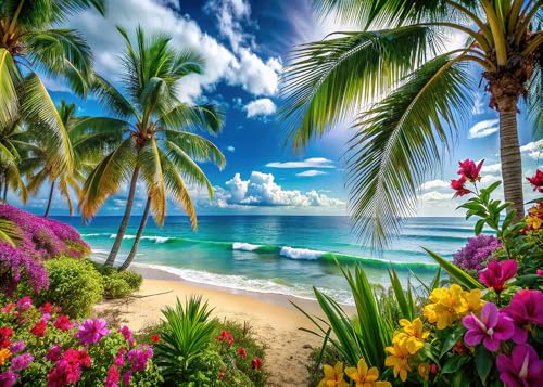 8x6ft Summer sea Backdrop Tropical Beach Plants Photo Backdrop Hawaiian Ocean Blue Sky Background for Theme Party Supplies Studio Props - size: 8x6ft