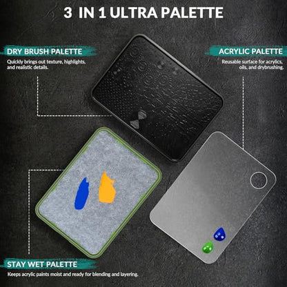 Wet Palette, Dry Brush Palette and Acrylic Paint Palette | 11PCS Detail Paint Brushes Drybrush for Miniature Painting and Acrylic Paints, 100PCS Hydration Paper and 4PCS Sponges - style: 3-in-1 Set&11 Brushes