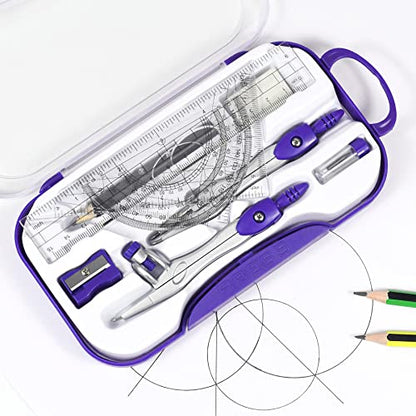 Vobou 10 pcs Math Geometry Set Student Supplies,Compass Kit Set (Purple） | Shatterproof Storage Box,Rulers,Protractor,Compass,Eraser,Pencil Sharpener,Lead Refills,Pencil,for School and Drawing - color: Purple