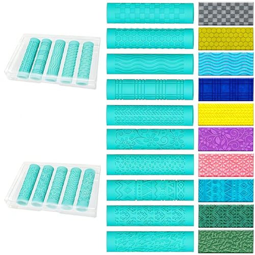 ACRNIGHEET 10 Pcs Polymer Clay Texture Roller, Embossing Rollers Pottery Stamp, Like Texture Sheets Work with Polymer Clay Cutters, Clays Jewelry Making Kit with Storage Box