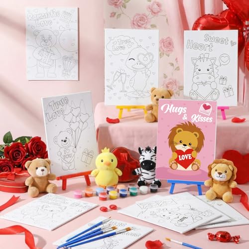 Blosssound 10 Set Valentine's Day Jungle Animals Pre Printed Canvas Pre Drawn Canvas Painting with Easel Kits 5" x 7" Outline Painting Panels for Beginners, DIY Craft Project, Party Favor, Home Decors - style: Jungle Animal