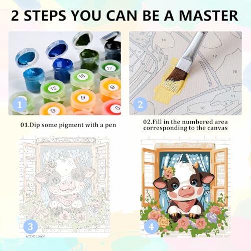 Cow Paint by Numbers Kit for Kids with Frame Wooden Easel 8x8 inch - color: style-8
