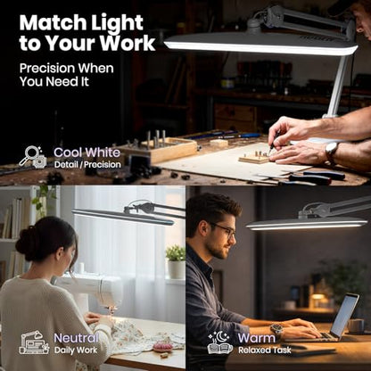 Neatfi XL 2,200 Lumens 20W LED Task Lamp – 23” Ultra-Wide Head | 182 SMD LEDs | 4 Brightness Levels | 3 Light Modes | Eye-Caring, Glare-Free | Adjustable Arm (Silver, CCT with Clamp) - color: Silver