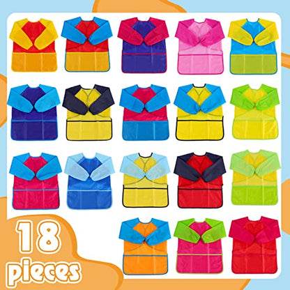 Zkptops 18 Pack Kids Art Smocks Waterproof Kid Painting Aprons Toddler Art Smock Kids Paint Smock with Long Sleeve 3 Roomy Pockets for Age 3-7 Years - color: 18 Pack