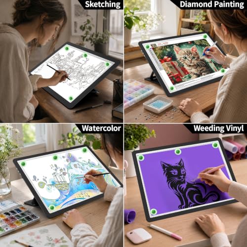 LEACUBER Rechargeable A3 Light Pad with Stand, Super Bright Magnetic Tracing Light Box with Side Buttons, Diamond Art Light Board for Diamond Painting, Light Table for Sketching, Weeding Vinyl Black - size: A3