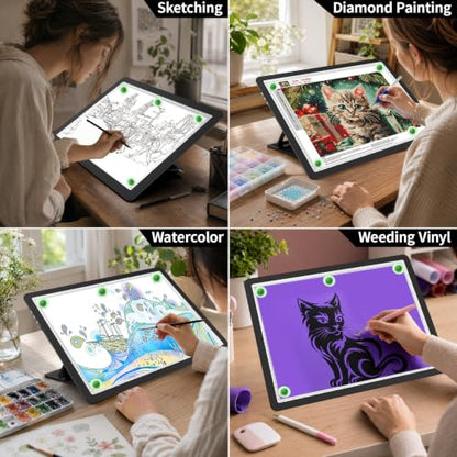 LEACUBER Rechargeable A3 Light Pad with Stand, Super Bright Magnetic Tracing Light Box with Side Buttons, Diamond Art Light Board for Diamond Painting, Light Table for Sketching, Weeding Vinyl Black - size: A3