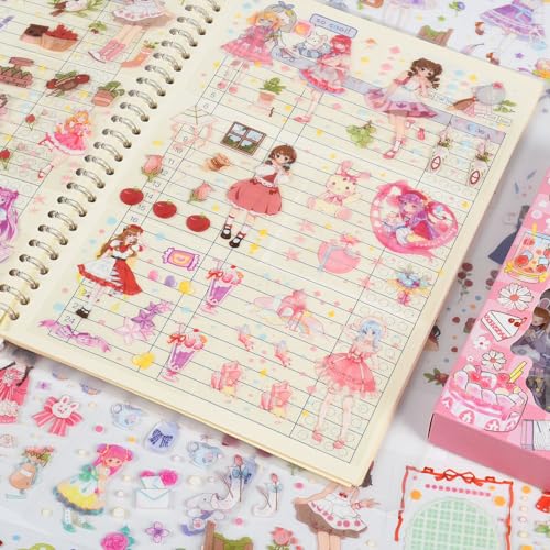 100 Sheets Kawaii Girls Stickers Kit for Journaling - Cute Sweet Cartoon PET Transparent Collage Scrapbooking Supplies Sticker Decal for Junk Journals Handbook Laptop Cards DIY Arts Crafts - color: Sweetheart Office
