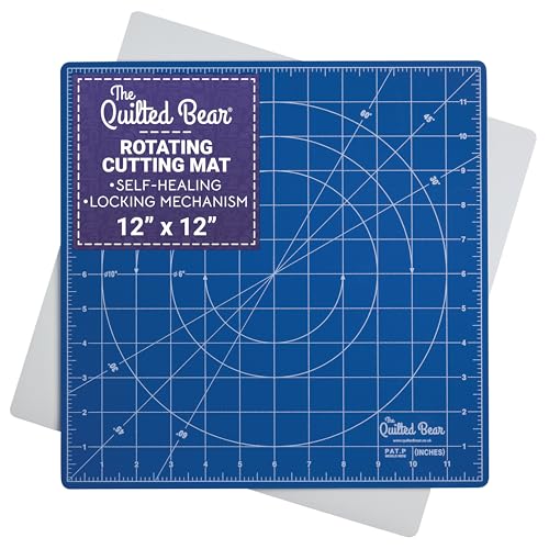 The Quilted Bear 12" x 12" Rotating Self-Healing Cutting Mat, Blue | Square Mat, 360° Rotation, Locking Mechanism, 5-Layer Surface, Non-Slip Base, Clear Inch Grid & Angle Guides for Quilting - color: Blue, size: 12"L x 12"W