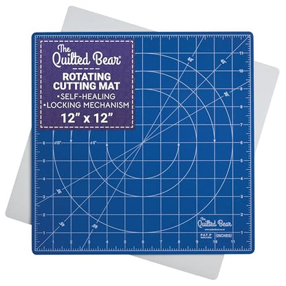 The Quilted Bear 12" x 12" Rotating Self-Healing Cutting Mat, Blue | Square Mat, 360° Rotation, Locking Mechanism, 5-Layer Surface, Non-Slip Base, Clear Inch Grid & Angle Guides for Quilting - color: Blue, size: 12"L x 12"W