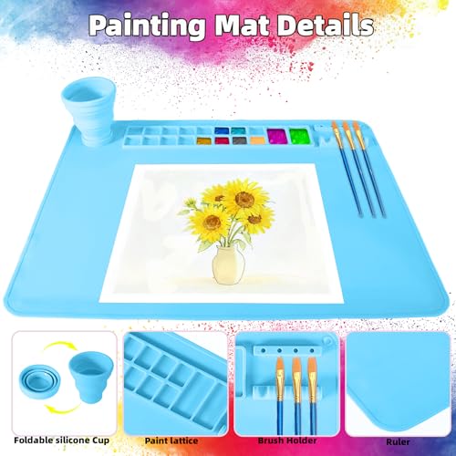 Silicone Painting Mat, 20"X16" Craft Mat,Large Art Mat Clay Mats | Paintbrush Holder, Nonslip Color Dividers Silicone Mats with Built in Cup for Painting, Table, Resin and DIY Blue - color: Blue