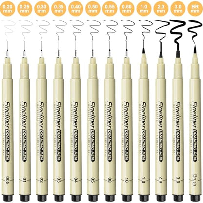 Micro Fineliner Black Drawing Pens,12 Waterproof Watercolor Painting Art Supplies Adults Anime Gifts Artist Fine Line Marker Archival Ink Micron Set Sketch Outline Manga Sketching Zentangle Teen Stuff