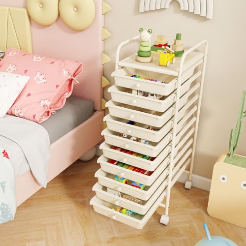 RELAX4LIFE 10 Drawer Rolling Cart - Slim Storage Cart w/Lockable Wheels | 34"H White Metal Frame, Lockable Rolling Wheels; Classroom School Office Art Craft Scrapbook Supply Storage - color: White, size: 34''H