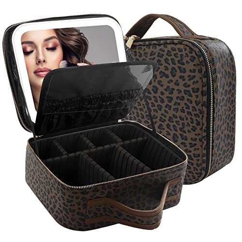 Makeup Bag with Mirror and Light Travel Makeup Train Case Cosmetic Bag Organizer Portable Artist Storage Bag with Adjustable Dividers Makeup Brushes Storage Organizer