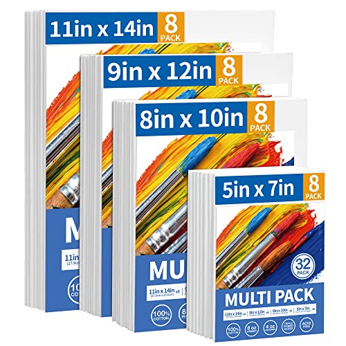 Canvas Boards for Painting Multi Pack- 5x7,8x10,9x12,11x14 (8 of Each),Set of 32, 100% Cotton Primed Canvas Panels for Acrylic, Oil, Art Supplies for Kids, Adults, Beginners - size: 5x7, 8x10, 9x12, 11x14
