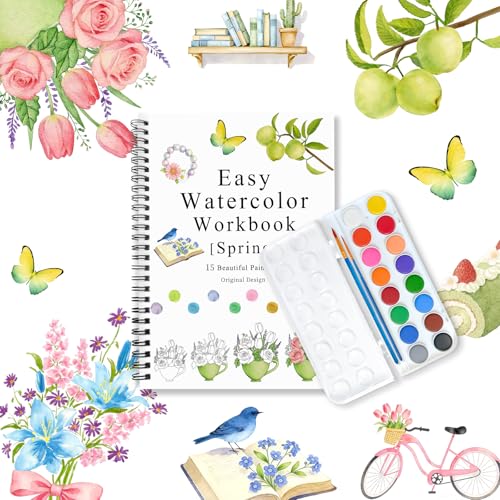SLWBZ All-in-One Watercolor Workbook Kit - Beginner Friendly Art Set with 16 Colors, 2 Brushes & 15 Pre-Sketched Thick Watercolor Paper Pages - Creative Exploration & Stress Relief Gift (Spring) - color: Spring, size: With Palette
