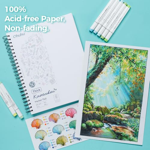 Ohuhu 9"x12" Double-Sided Bleedproof Marker Pad Art Sketchbook 50 Sheets | Large Sketch Book - 160 LB/280 GSM Smooth Drawing Paper - 50 Sheets/100 Pages - Spiral-Bound Sketch Pad for Alcohol Markers - size: 9" x 12"