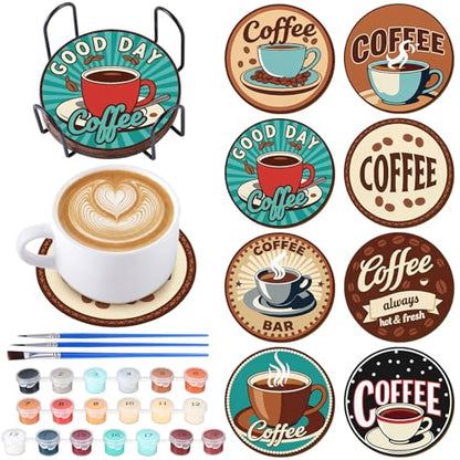 Reallnaive 8 Pcs Coffee Paint by Numbers Kit for Adults Wooden Coaster | Mini Paint by Numbers, Tiny Brown Round Oil Painting Drink Coaster with Holder, for Small DIY Craft Birthday Gift - style: Coffee