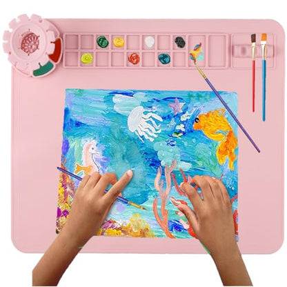 Silicone Craft Mat,20"x 16" Painting mat Palette for Resin Casting Mold Mat, Nonstick Craft Sheet with Removable Cleaning Water Cup for Painting, Clay, Art, DIY Projects (Pink) - color: Pink
