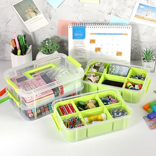 JUXYES 4-Tiers Plastic Stack Carry Storage Containers Box wih Handle Lids - color: Green