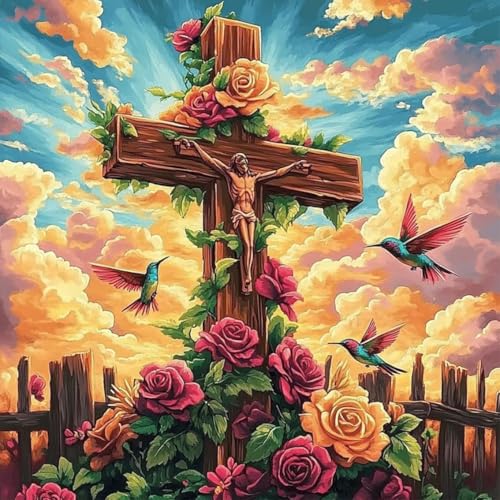 Paint by Numbers Kit for Adults, Christian Cross & Roses Design, 16x16 Inch | DIY Acrylic Painting Kit on Canvas for Beginners, Relaxing Arts & Crafts for Stress Relief, Home Wall Decor & Gift - color: HMOP25901