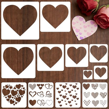 12 PCS Love Heart Stencils for Painting - Different Size Love red Heart Reusable Valentine's Painting Templates on Wood, Glass, Fabric, Window Door Decor DIY Decoration - style: 12 PCS Heart