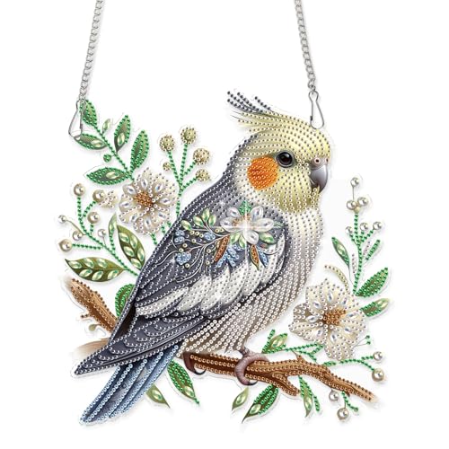 AiYuanzsh Large Diamond Art Suncatcher Hanging Kit Parrot with Flowers, Special Shaped Diamond Painting Ornament for Adults, Colorful DIY Window & Wall Decoration, Crystal Diamond Art Kit - color: Parrot