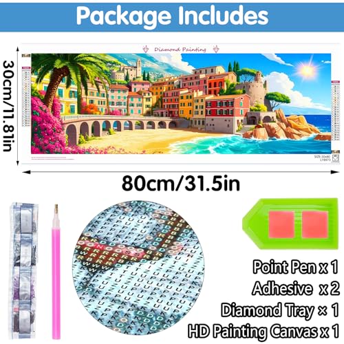 Reofrey Large Diamond Art Kits for Adults Colorful Seaside Town, 12x31.5 inch Full Drill Round Rhinestone Big Diamond Painting Kit, DIY Cross Stitch Embroidery Canvas for Crafts Home Wall Decor - color: Colorful Seaside Town