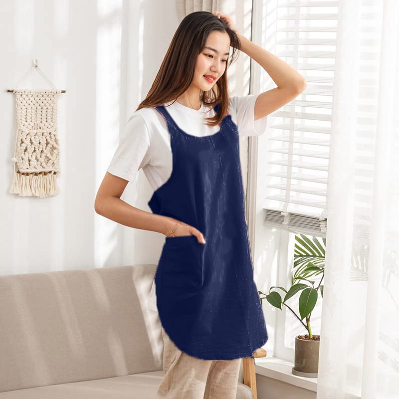 Cotton Cross Back Aprons Solid Color Cooking Kitchen Garden Smock for Women Girls with Pockets - color: Navy Blue