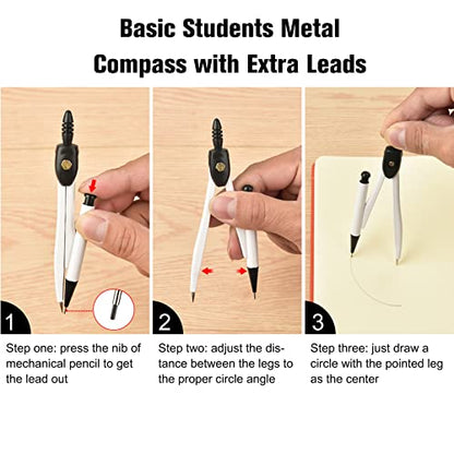 3 Packs Colorful Basic Metal Math Compass for Geometry Set,Extra Leads, Mechanical Pencil Desiged,Drawing Tools Compass for Students School Supplies and Office Supplies (Whit and Black) - color: Whit and Black