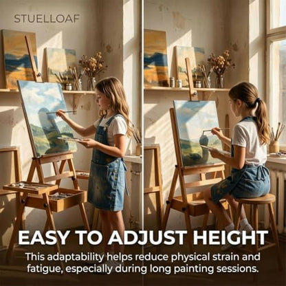 Large Beech Wood Painting Easel H-Frame, Drawer with 2 Palettes - color: Wooden Max