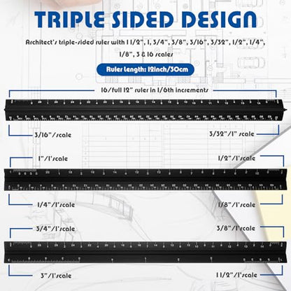 Macarrie 10 Pcs Architectural Scale Ruler 12" Architect Engineers Scale Triangular Ruler Set Aluminum Metal Rulers with Imperial Measurements for Architect School Student Draftsman Engineer (Black) - color: Black