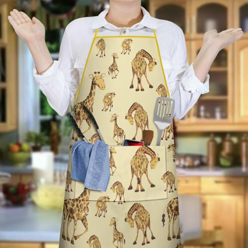 Apron with 2 Pockets,Kitchen Chef Artist Aprons for Cooking Gardening Baking Painting, Waterproof Apron 33" x 27" - color: Giraffe