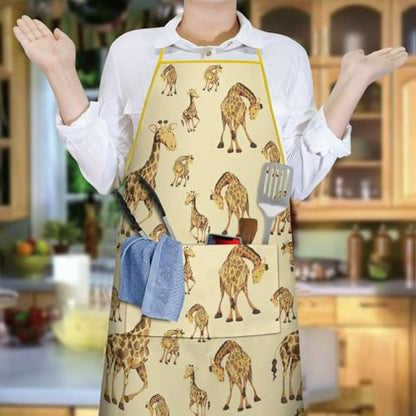 Apron with 2 Pockets,Kitchen Chef Artist Aprons for Cooking Gardening Baking Painting, Waterproof Apron 33" x 27" - color: Giraffe