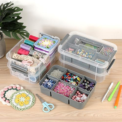 JUXYES 4-Tiers Plastic Stack Carry Storage Containers Box wih Handle Lids - color: Dark Gray