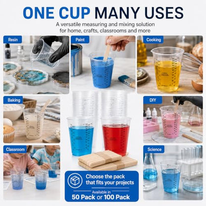 Plastic Measuring Cups with Mixing Sticks, 8 oz Clear Cup, 50 Pack | Disposable measuring cups with sticks, DIY mixing accurate oz ml cc scales for resin paint baking