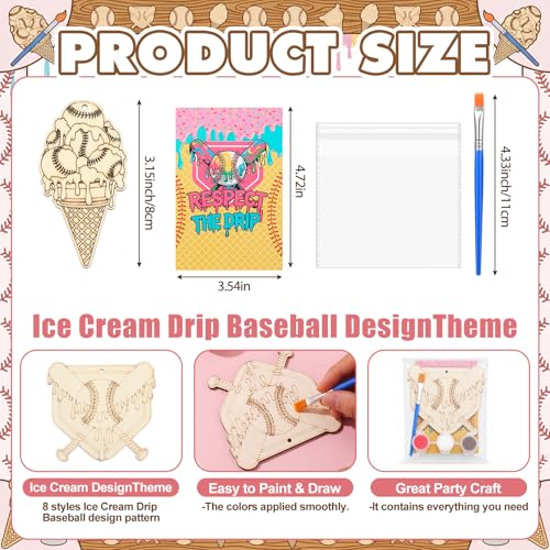 Saypacck 24 Pcs Ice Cream Drip Baseball Party Favors Wooden Paint Craft Kit | Birthday Party Supplies with Paint Brushes, Wooden Craft for Goodie Bag Fillers, Thank You Gifts with Organza Bags - style: Ice Cream Drip Baseball