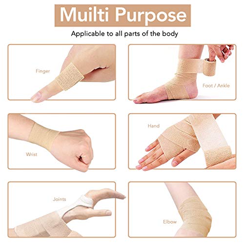 RISEN Cohesive Bandage 2” x 5 Yards, 6 Rolls, Self Adherent Wrap Medical Tape, Adhesive Flexible Breathable First Aid Gauze Ideal for Stretch Athletic - color: Tan, size: 6 Count (Pack of 1)