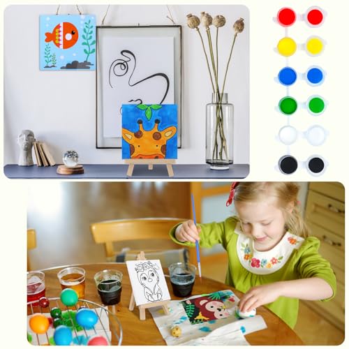 Tenceur 48 Pcs Kids Paint Party Favors Sets with 12 Pcs Animals Pre Drawn Canvas Panel and Wooden Easel Set Paint Pots and Brushes 12 Mini Apron and Tote Bag for Kids Girls Student Boys - style: Stylish