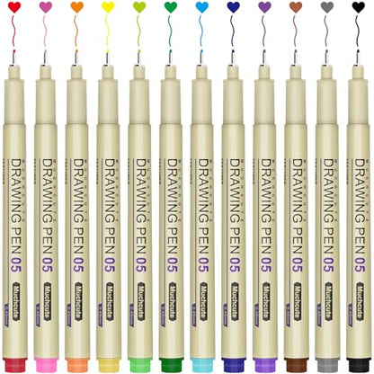 Muchcute 05 Micro Fineliner Drawing Art Pen,12 Colors 0.45mm No Bleed Bible - color: 12 Colors 05(0.45mm)