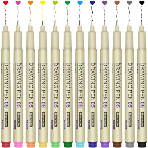 Muchcute 05 Micro Fineliner Drawing Art Pen,12 Colors 0.45mm No Bleed Bible - color: 12 Colors 05(0.45mm)