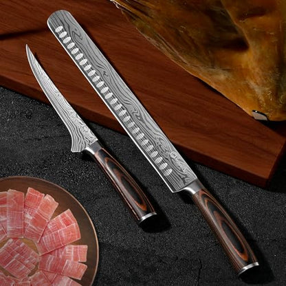 BBQ Carving Knife Set,Slicing and Boning Knife for Meat Cutting | German High Carbon Stainless Steel Carving Knife for Meat and Turkey - color: 12 inch Carving Knife with 7 inch Boning Knife