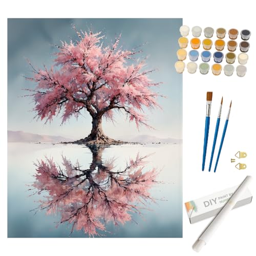 Tree Paint by Numbers Kit for Adults - DIY Pink Cherry Blossom Tree with Water Reflection Painting on Rolled Canvas 16x20 Inches, Acrylic Paint Set for Beginners, Art for Home Decor or Gifts - color: HSX00874, size: 16X20IN Rolled