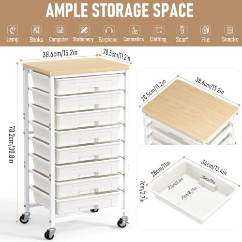 caktraie 8-Drawers Rolling Cart, Craft Storage Utility Cart, Beige White