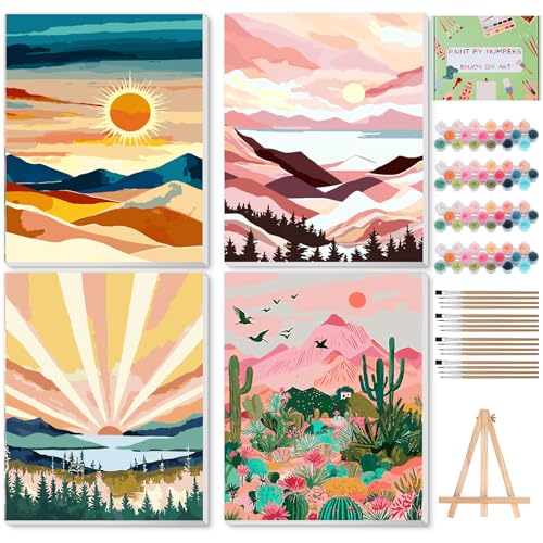 Ninonly Paint by Numbers Kit for Adults with Framed Canvas 4 Pack, Sunrise Paint by Number Arts Kits for Beginner with Wooden Easel, Acrylic Set, Brushes for Home Decor, 9 * 12 Inch - color: Sunrise 4 Pack 9x12 Inch