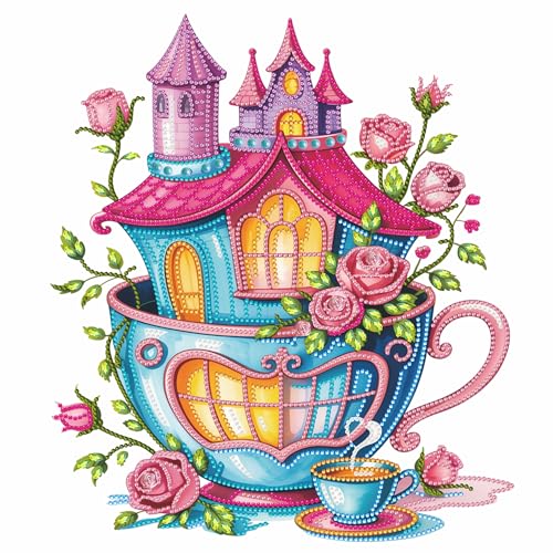 5D Special Shaped Partial Drill Diamond Painting Kit, 13.8×15.8 Inch Teacup Castle with Pink Roses Irregular Crystal Rhinestone Diamond Art, DIY Handmade Canvas Wall Decor Craft Gift for Adults - color: ZFM228