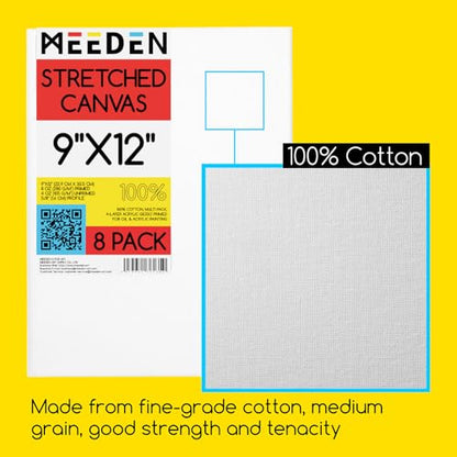MEEDEN Stretched Canvas, 9 × 12 Inch, Pack of 8, Blank White Canvases for Painting, 100% Cotton, 10 oz Gesso-Primed, Pre-Stretched Canvas for Acrylic Oil Pouring & Airbrushing Painting - size: 9''x12''- 8 Pack