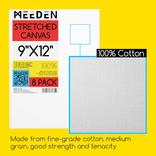 MEEDEN Stretched Canvas, 9 × 12 Inch, Pack of 8, Blank White Canvases for Painting, 100% Cotton, 10 oz Gesso-Primed, Pre-Stretched Canvas for Acrylic Oil Pouring & Airbrushing Painting - size: 9''x12''- 8 Pack