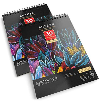 ARTEZA Spiral Sketch Book 9x12 Black Art Paper Drawing Pad 2 Pack 30 Sheets Sketch Pads for Drawing - size: 2 Pack